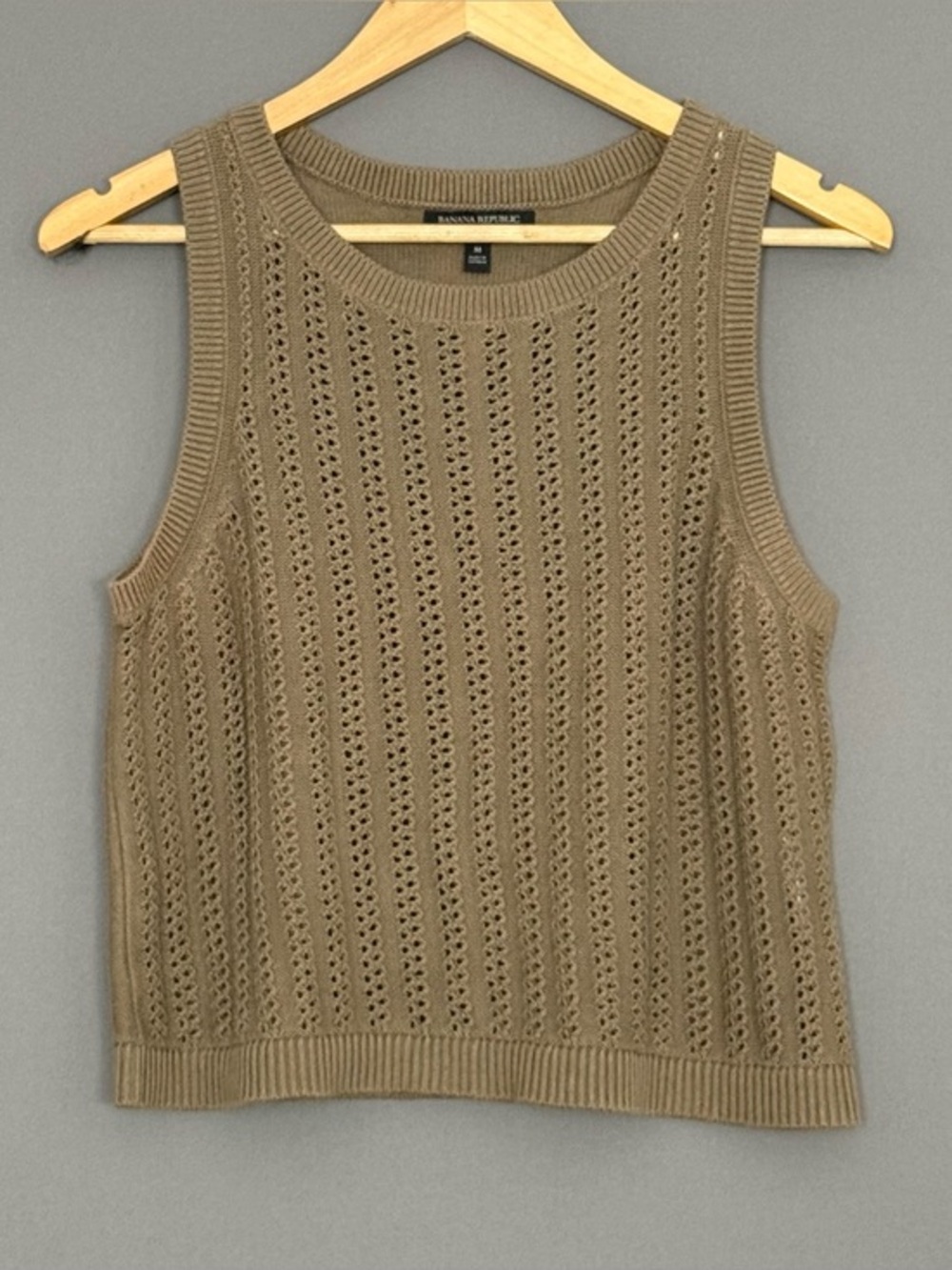 Banana Republic Open Stitch Cotton Sweater Tank Boxy Women Taupe M Quiet Luxury